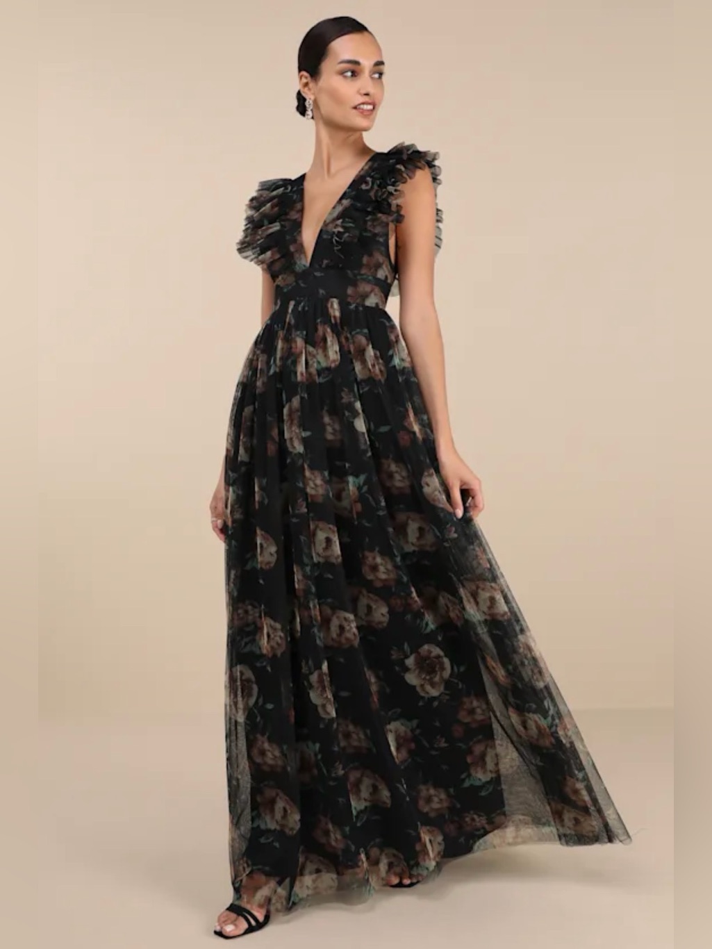 Lulu’s Simply Delighted Black Floral Mesh Ruffled Backless Maxi - Xl - Nwt!